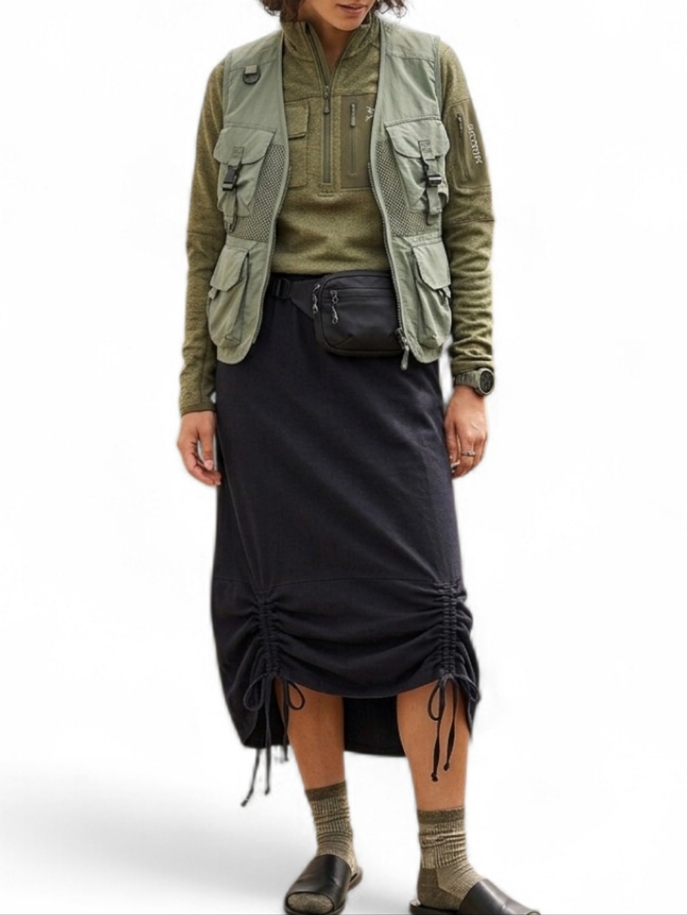 Vintage 90s Gorpcore Black Cotton Ruched Drawstring Midi Skirt Made in USA M